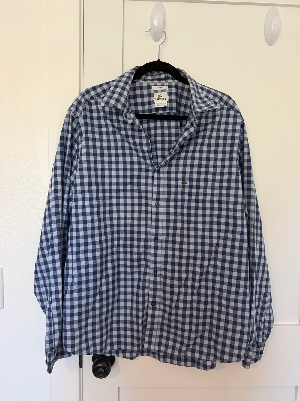 Lacoste Men’s Navy and White Gingham Button-Down Shirt